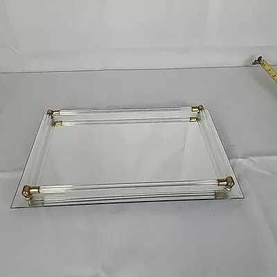 Vintage Glass Mirror Vanity Tray 13.5 X9 In. W/Glass Rod Rails And Brass Details • $12