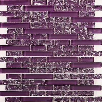 Purple Crackle And Plain Glass Mosaic Wall Tile Sheet (GTR10168) • £8.99