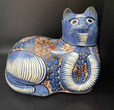 Mexican Pottery Cat Highly Decorated Detail Floral Large Tonala Folk Art 9 X 11 • $124.99