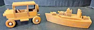 Pair Of Vintage Wood Craft Folk Art Toys Model T Car And Battleship Boat • $25.95
