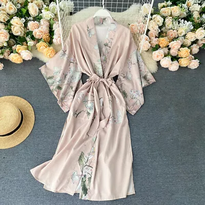 Coat Floral Yukata Lady Japanese Kimono Outwear Long Bathrobe Tops Satin Retro • £21.99