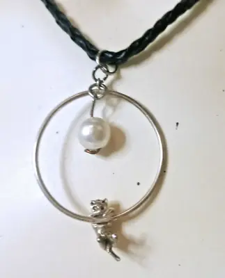 Vintage Cat Pendant Necklace Silver Pearl Charm Black Cord Adjustable • $9