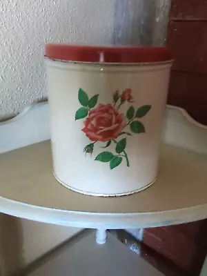 Vintage Decoware Canister Rose Red Lids Cream Metal 6  Tall Red GreenCream • $9.99