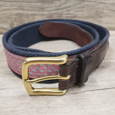 Vineyard Vines By Shep & Ian Leather Canvas Whales Brass Buckle Belt 38 USA Made • $11.99