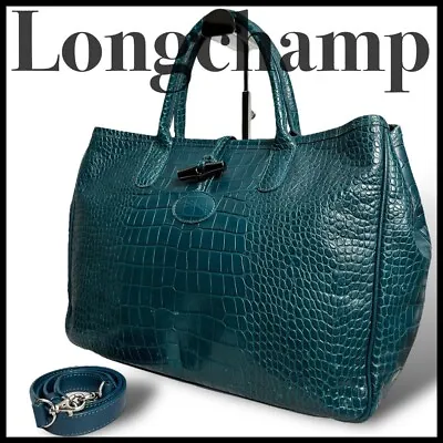Longchamp Roseau Leather Shoulder Bag Tote Bag Croco Embossed Green • $178