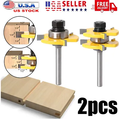 2 PCS Tongue And Groove Router Bit Set 1/4 Shank 3 Teeth Adjustable T Shape Bits • $10.99