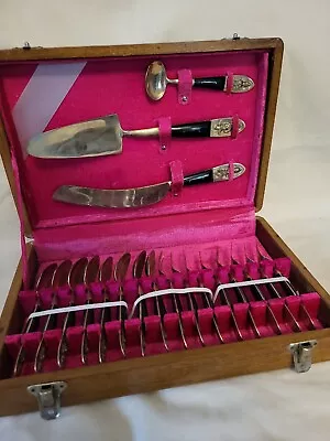 Mid Century Brass Teak Wood Silverware Flatware 18 Piece Dessert Set Marked Saim • $50