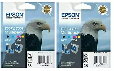 £14.99 • Buy 2 Sets Genuine Epson T007 Black + T008 Colour Ink Cartridges - Set Of 4