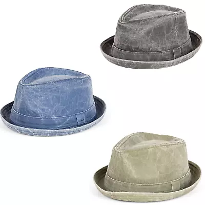 Mens Denim Cotton Diamond Crown Pork Pie Trilby Hat. Fast UK Post • £15.95