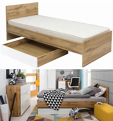 Single Bed Frame Euro 90cm Oak Effect Storage Drawer Wood Slats White Gloss Zele • £244.95