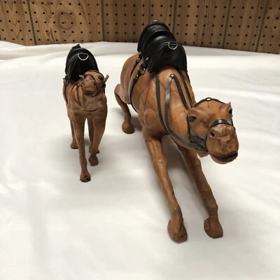 $45 • Buy 2 Vintage Leather Wrapped Camel Dromedary With Saddle Figurine Statue Large