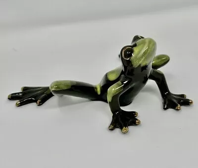 Golden Pond Tree Frog Figurine Green Black Ceramic Gold Accents 2  Tall • $31