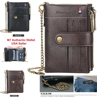 Men Men's Leather Wallet Chain C1 Sim ID Credit Card Holder Double Zipper Coin • $13.99