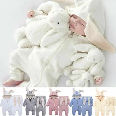 Baby Boy Girls Easter Rabbit Bunny Costumes Fleece Romper Ears JumpsuitClothingפ • £16.55