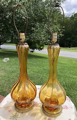 Vintage EMPOLI MURANO Amber Gold Optic Swirl Glass PAIR MCM LAMPS Genie RARE • $499