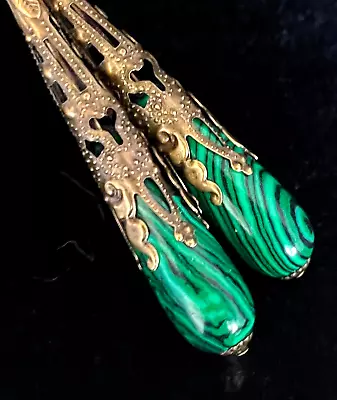 Green Malachite Earrings Long Filigree Gemstone Drops Art Nouveau Jewelry • $22