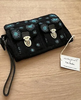 Kate Sheridan Designer Black Felt Wrist Bag Turquoise Embroidered New With Tag • £22.99