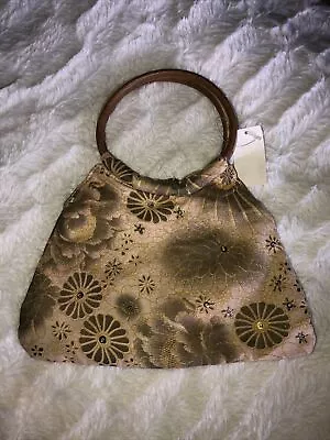 Vintage Evening Bag Tags Attached Floral Neutrals Sparkle Fabric Leather Handles • $20