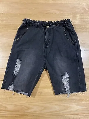 Ixiah Black Denim Studded Cut Off High Waisted & Elastic Waist Shorts Size 28 • $49