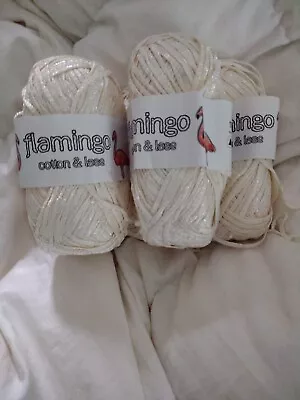 Flamingo Cotton & Lase Ribbon / Tape Yarn With A Sheen In Cream 5 X 100g. • £10