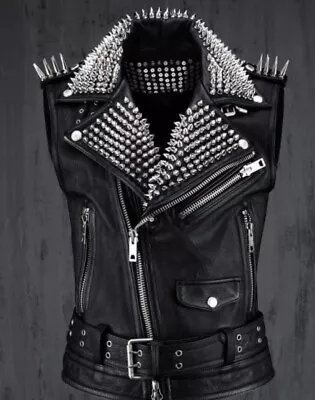 New Men Black Punk Full Spiked Studded Brando Style Genuine Leather Vest • $169