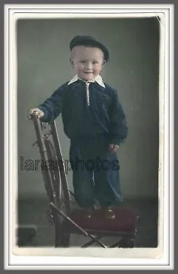 1954 Cute Little Boy Chair Shoes Hand Tinted Colored Unusual Odd Vintage Photo • $6.99