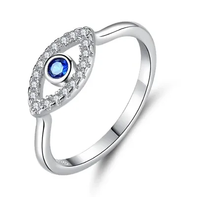 Lucky Hamsa Evil Eye Band Ring Genuine Sterling Silver 925 With Blue & Clear CZ • £16.49