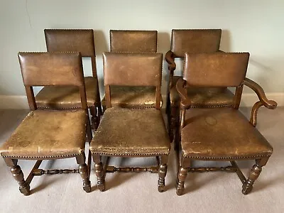 6 Antique Vintage Oak And Leather Dining Chairs Including 2 Carvers And 4 Normal • £125