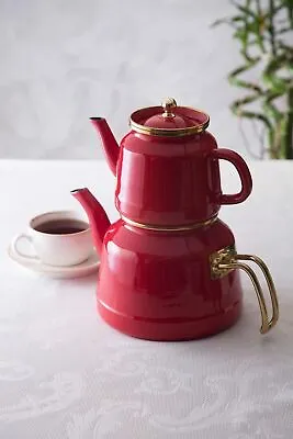 Induction Base Red Enamel Teapot Set / Turkish Tea Pot Set • $193.40
