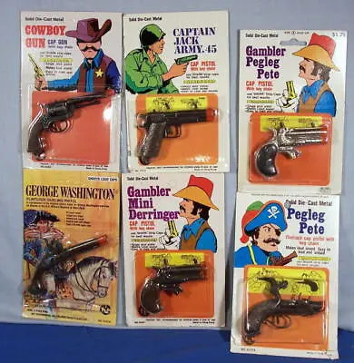 Cap Guns ~ Set Of 6 Old Die Cast Cap Gun ~ Key Chain Fobs On Store Display Cards • $17.85