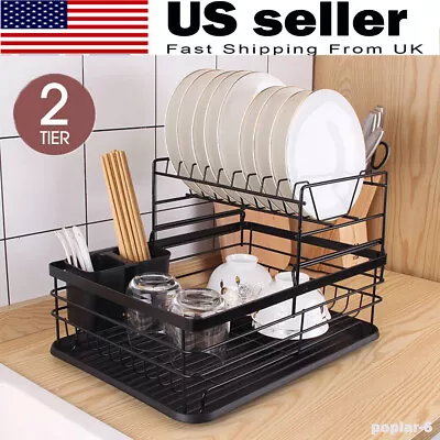 2 Tier Dish Rack Plate Drying Drainer Storage Drip Tray Cutlery Holder Large • $22.55