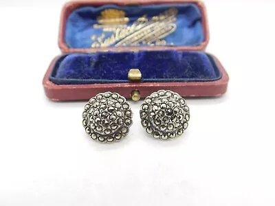 Sterling Silver & Marcasite Set Floral Clip-On Earrings Antique C1930 Art Deco • £20