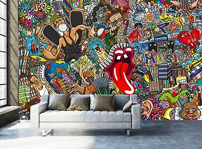£98.88 • Buy Graffiti Wall Mural Photo Wallpaper Music Collage On Brick Wall Teenager Boys