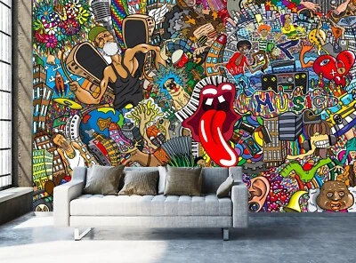 £98.88 • Buy Graffiti Wall Mural Photo Wallpaper Music Collage On Brick Wall Teenager Boys