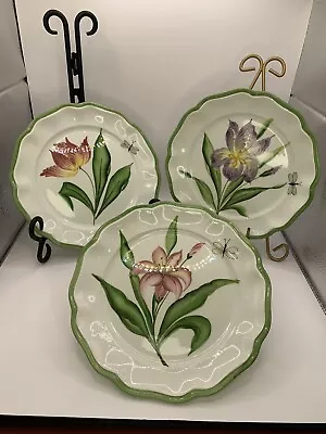 Three Vietri Italy Fiori Belli Floral Salad Plates 8  Hand Made Lily Tulip Iris • $29.99