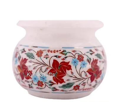 4 Inches White Round Marble Flower Pot Floral Design Inlay Work Hotel Decor Vase • $130.50