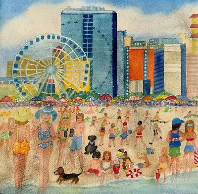 WATERCOLOR ORIGINAL 12x12 Myrtle Beach Ocean People Impressionism Seaside Art • $169