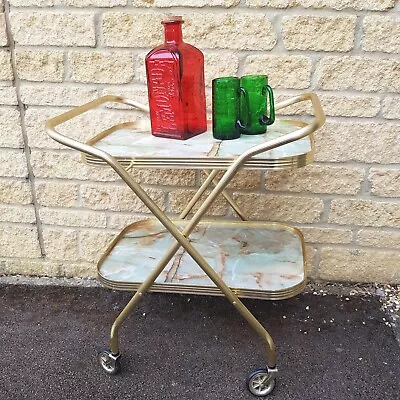 Vintage Retro Folding Cocktail Drinks Tea Hostess Trolley 2 Tier Gold Marble • £49.95