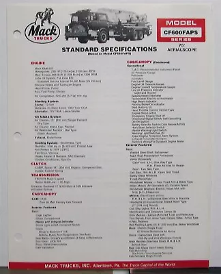 1985 Mack Trucks Model CF600FAPS Diagrams Dimensions Sales Brochure Original • $17.86