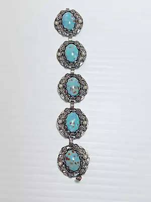 Vintage Estate Real Turquoise Seed Pearl Silver Tone Bracelet • $29.99