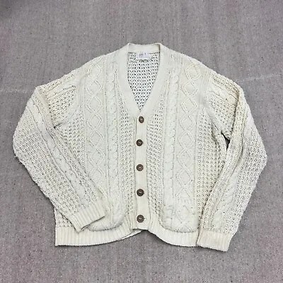 Vintage Cable Knit Cardigan Mens XL White 1970s Sweater Chunky Garden • $34.99