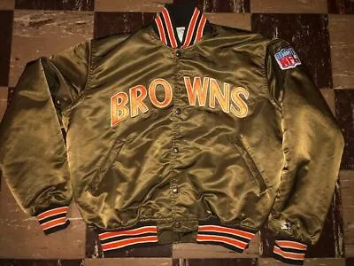 CLEVELAND BROWNS Vtg 80s 90s Spell Out Sewn STARTER Sateen Jacket Coat Jersey L • $129.99