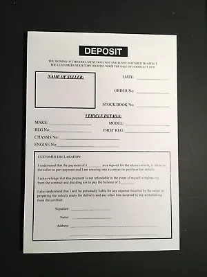  Deposit Invoice Pad Car Sales & Stationary For Selling Motor Vehicles • £5.50