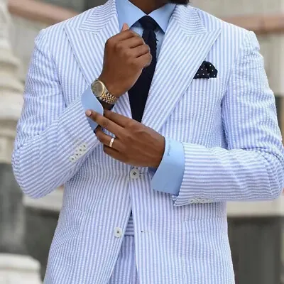 Leisure Seersucker Men Suits Blue Formal Peak Lapel Wedding Groom Party Tuxedo • $108.29