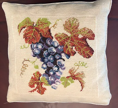 Vintage Grape Cluster Needlepoint  Pillow Fruit Foliage Leaves 15x15  • $35