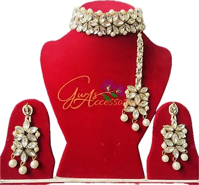 Indian Bollywood Ethnic Golden Kundan Choker Necklace Earrings Tikka Jewelry Set • $32
