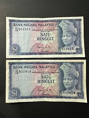Malaysia One Ringgit 1st Series 1967 - 1972 Running Numbers 2Pcs Aunc Banknote • $25
