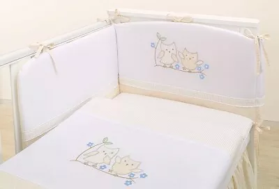 3pc Cot Bed Bedding Set 60x120 Embroidered  Owls Beige White Cream Baby Nursery • £24.99