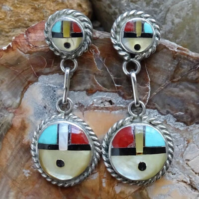 $185 • Buy Zuni Sunface Multistone Inlay Pierced Dangle Earrings Turquoise Coral Sterling