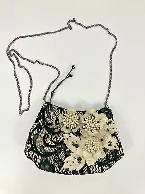 VTG Mary Frances Evening Bag Purse Black White Lace Beaded Chain Leather Flowers • $49.99